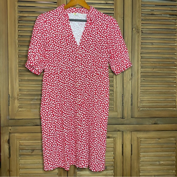 Boden cherry pink/red floral Button 100% cotton Jersey Mini Tea comfy Dress SZ-8 - Picture 3 of 9